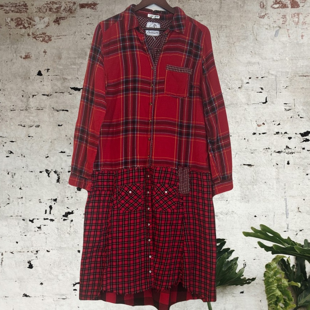 Upcycled tattered and raggedy patched plaid duster shirt